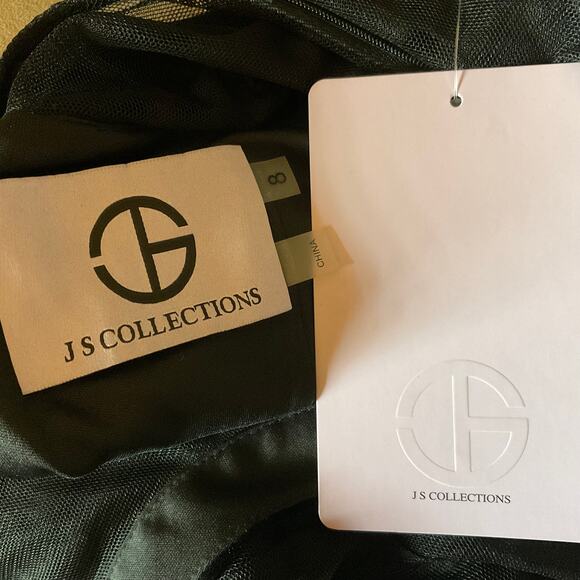 JS Collections Black Velvet Sheath Cocktail Dress Size 8 Short Sleeve Midi - Picture 9 of 13